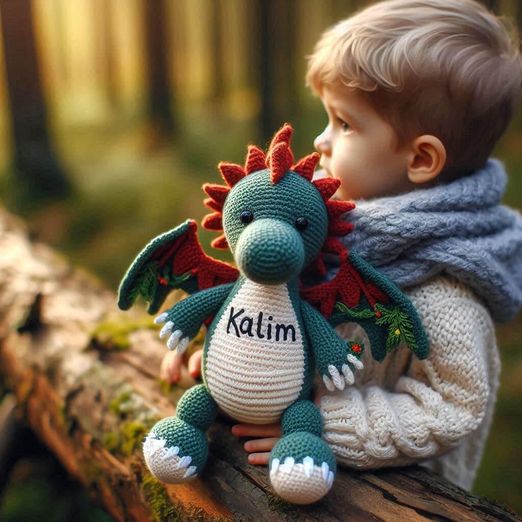 Une peluche dragon au crochet personnalisé avec le prénom kalim