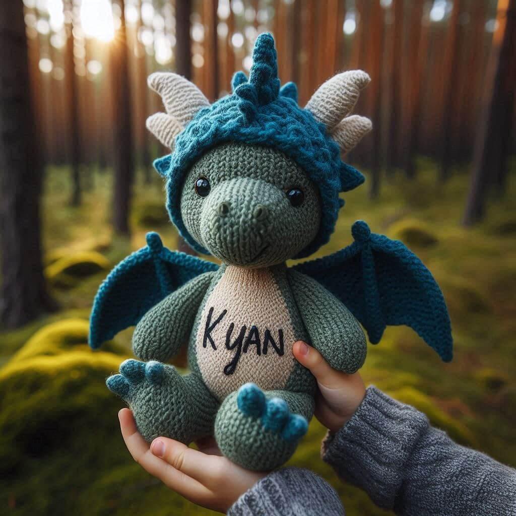 Une peluche dragon en tricotin avec le prenom kyan