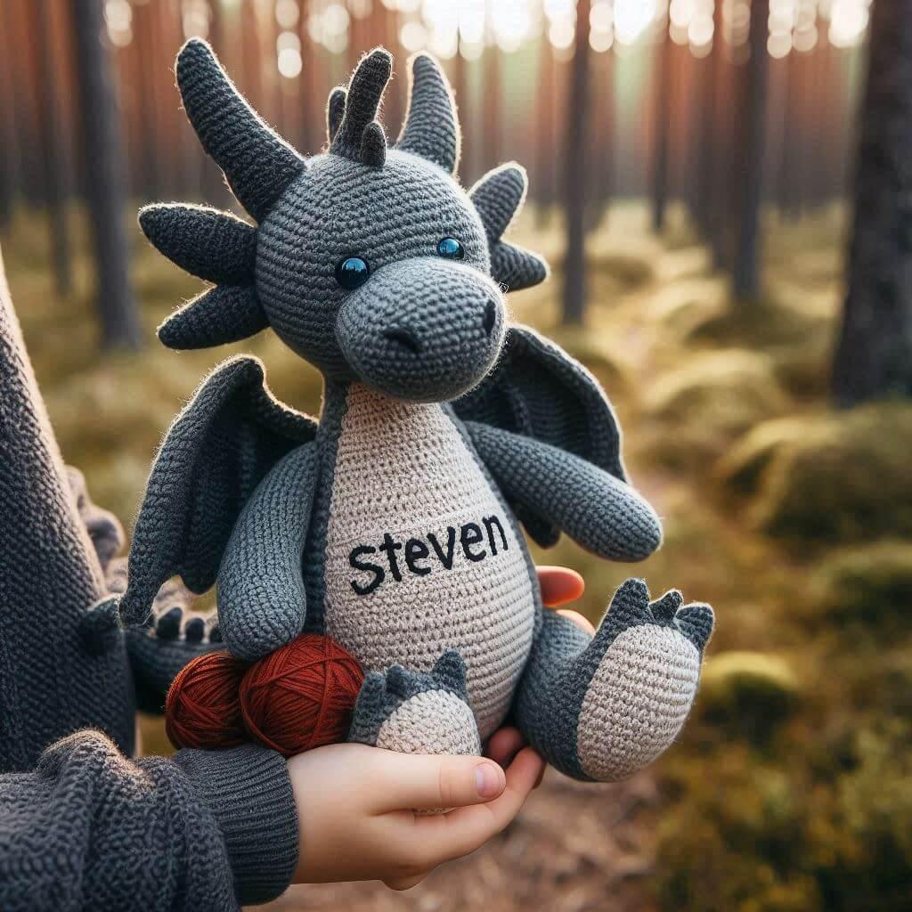 Une peluche dragon en tricotin avec le prenom steven