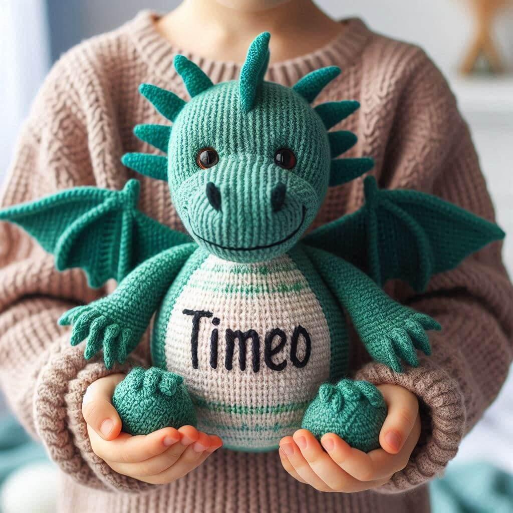 Une peluche dragon en tricotin avec le prenom timeo