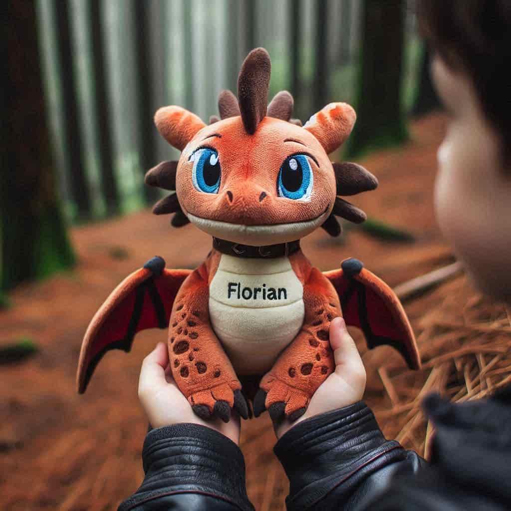 Une peluche dragon marron personnalise avec le prenom florian dans la foret tenue par un petit garcon