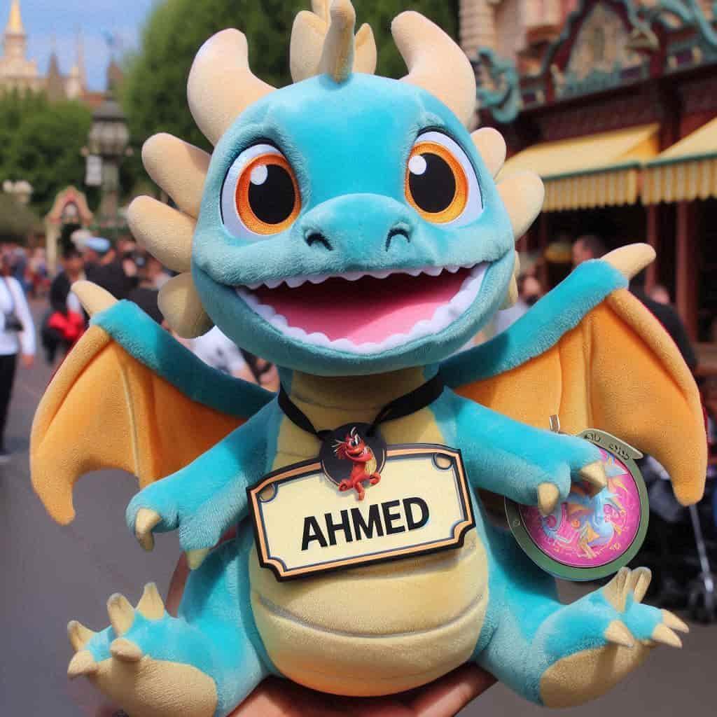 Une peluche dragon personnalisee avec le prenom ahmed style disneyland