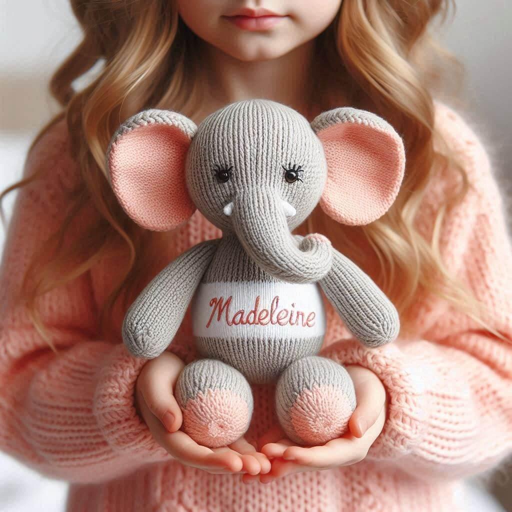 Une peluche elephant en tricotin avec le prenom madeleine
