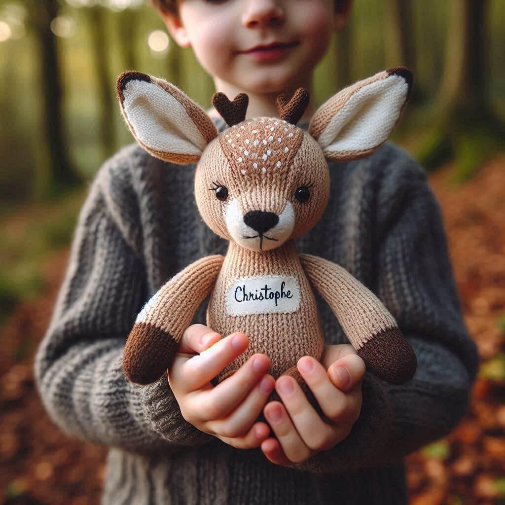 Une peluche faon en tricotin avec le prenom christophe tenu dans les mains d un petit garcon dans la foret 1