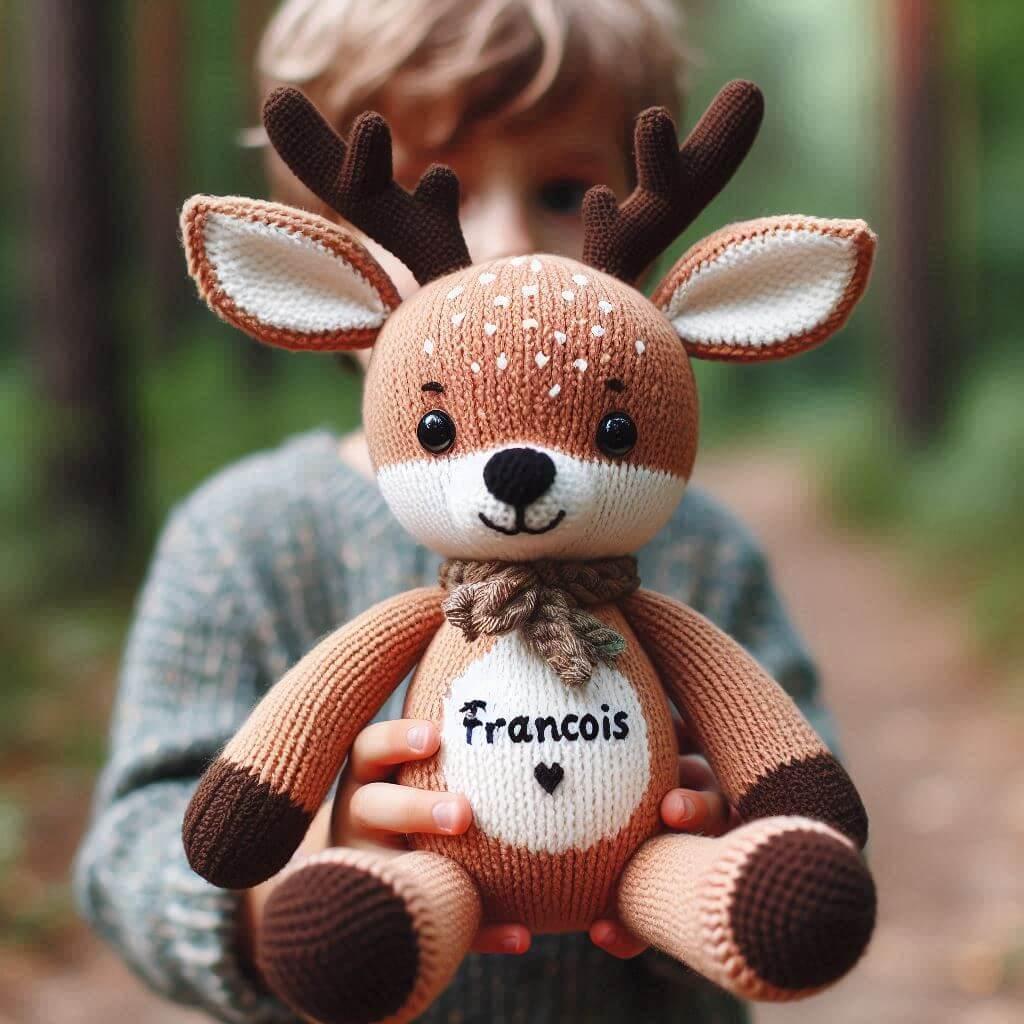 Une peluche faon en tricotin avec le prenom francois