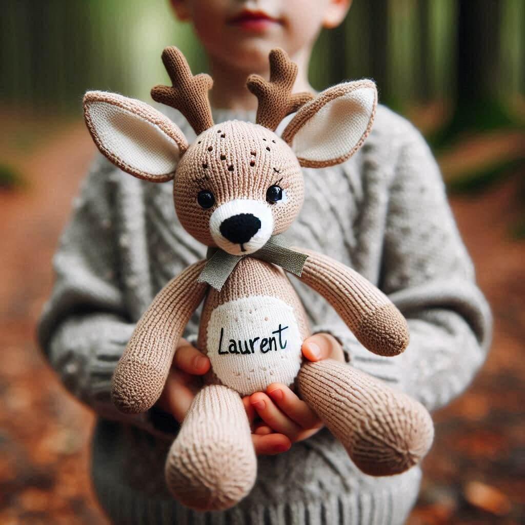 Une peluche faon en tricotin avec le prenom laurent