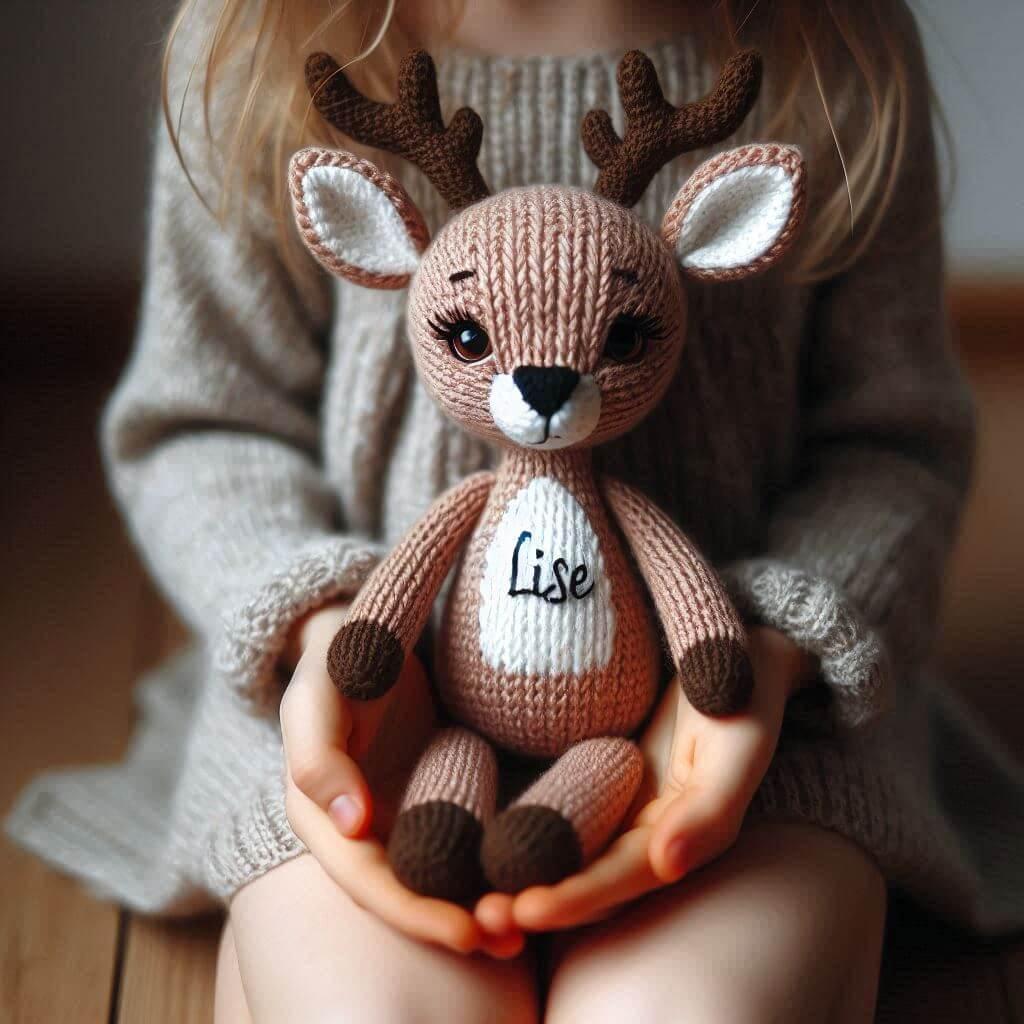 Une peluche faon en tricotin avec le prenom lise