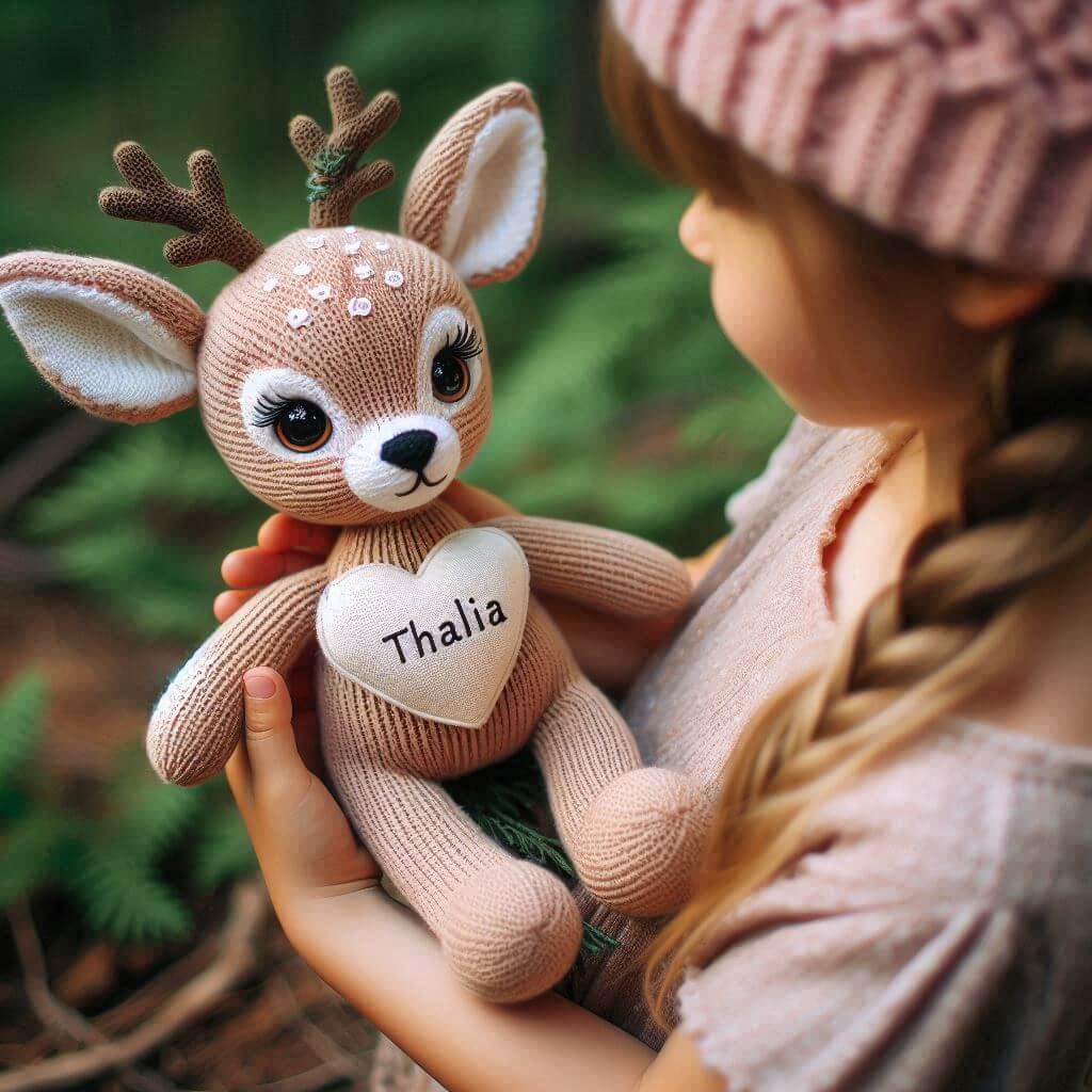 Une peluche faon en tricotin avec un coeur avec le prenom thalia