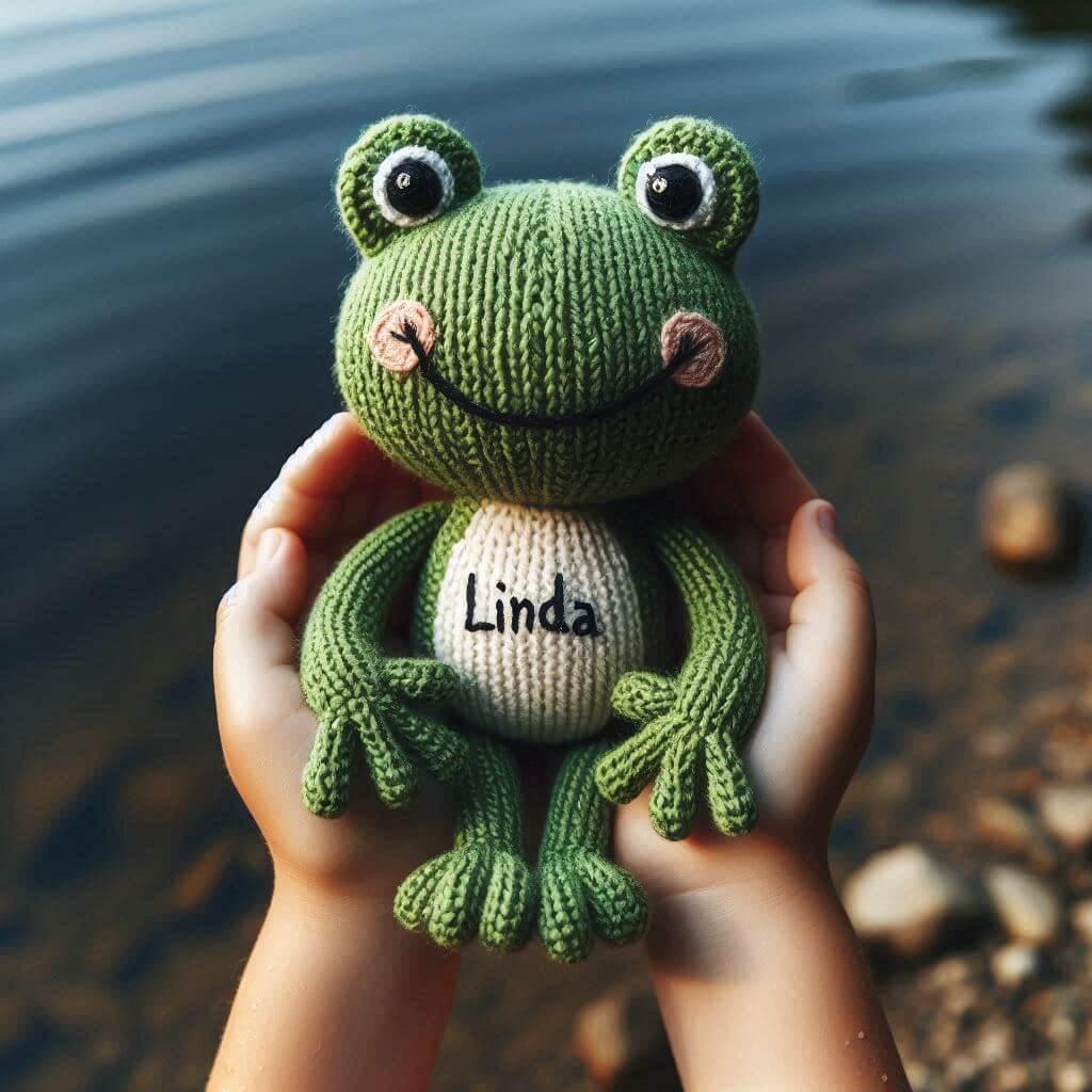 Une peluche grenouille en tricotin avec le prenom linda