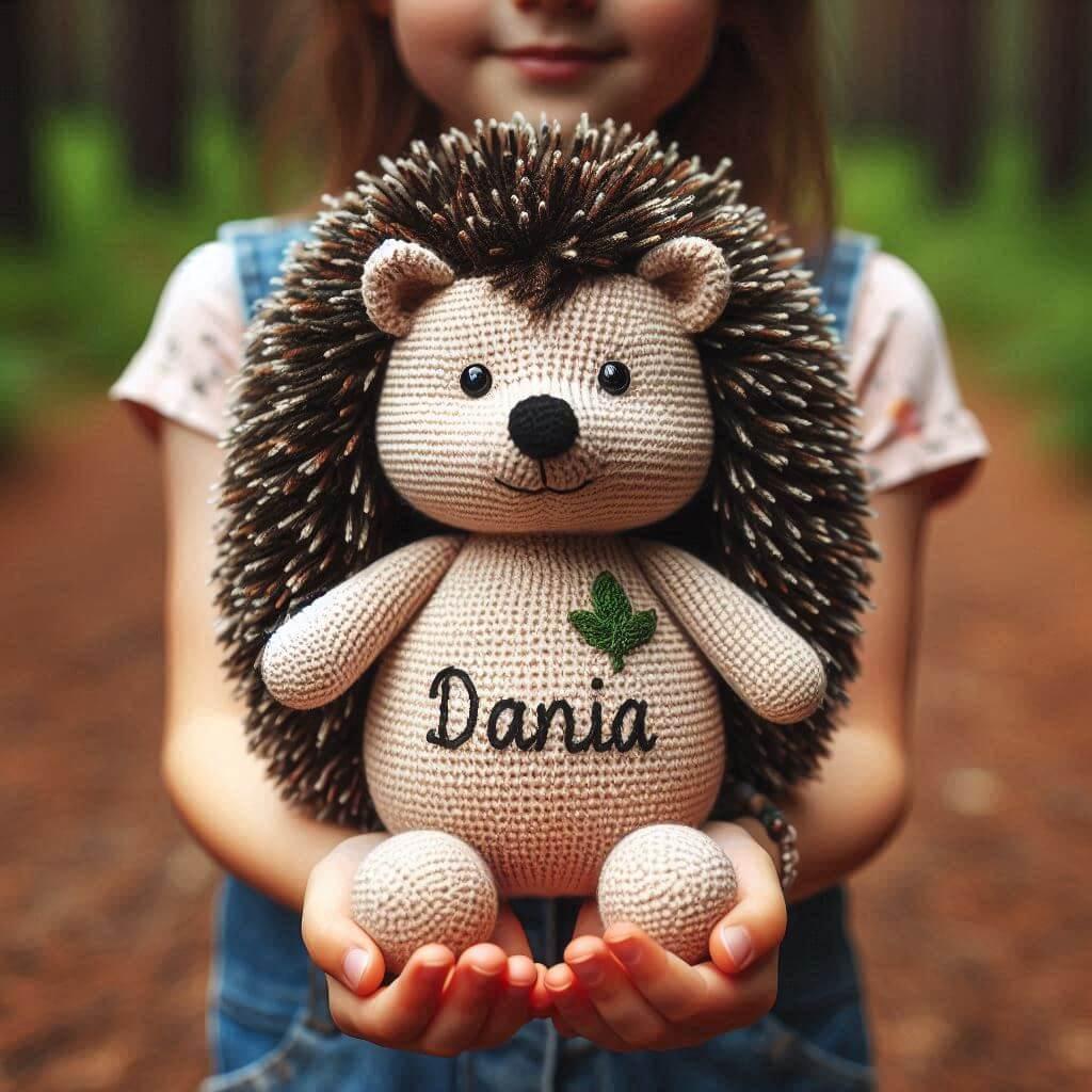 Une peluche herisson en tricotin avec le prenom dania