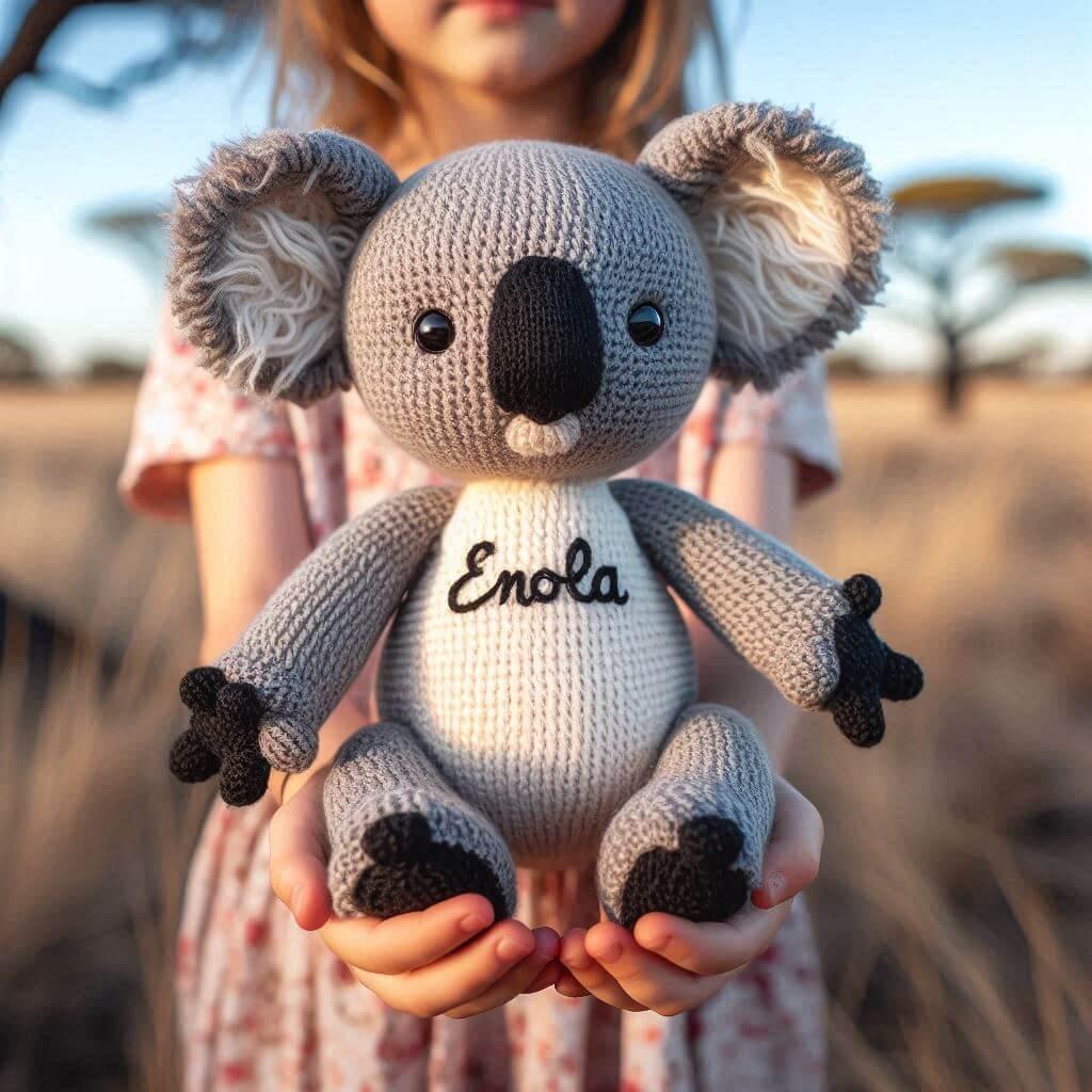 Une peluche koala en tricotin avec le prenom enola