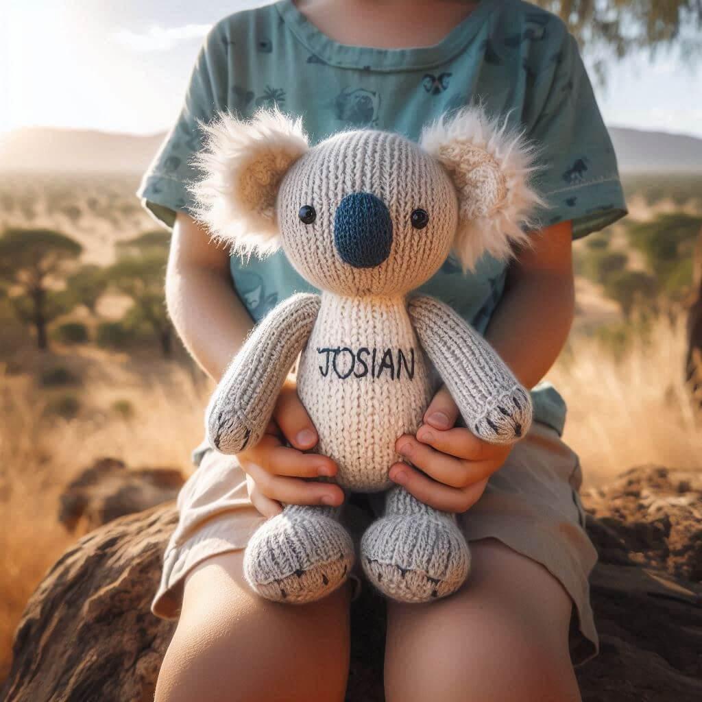 Une peluche koala en tricotin avec le prenom josian