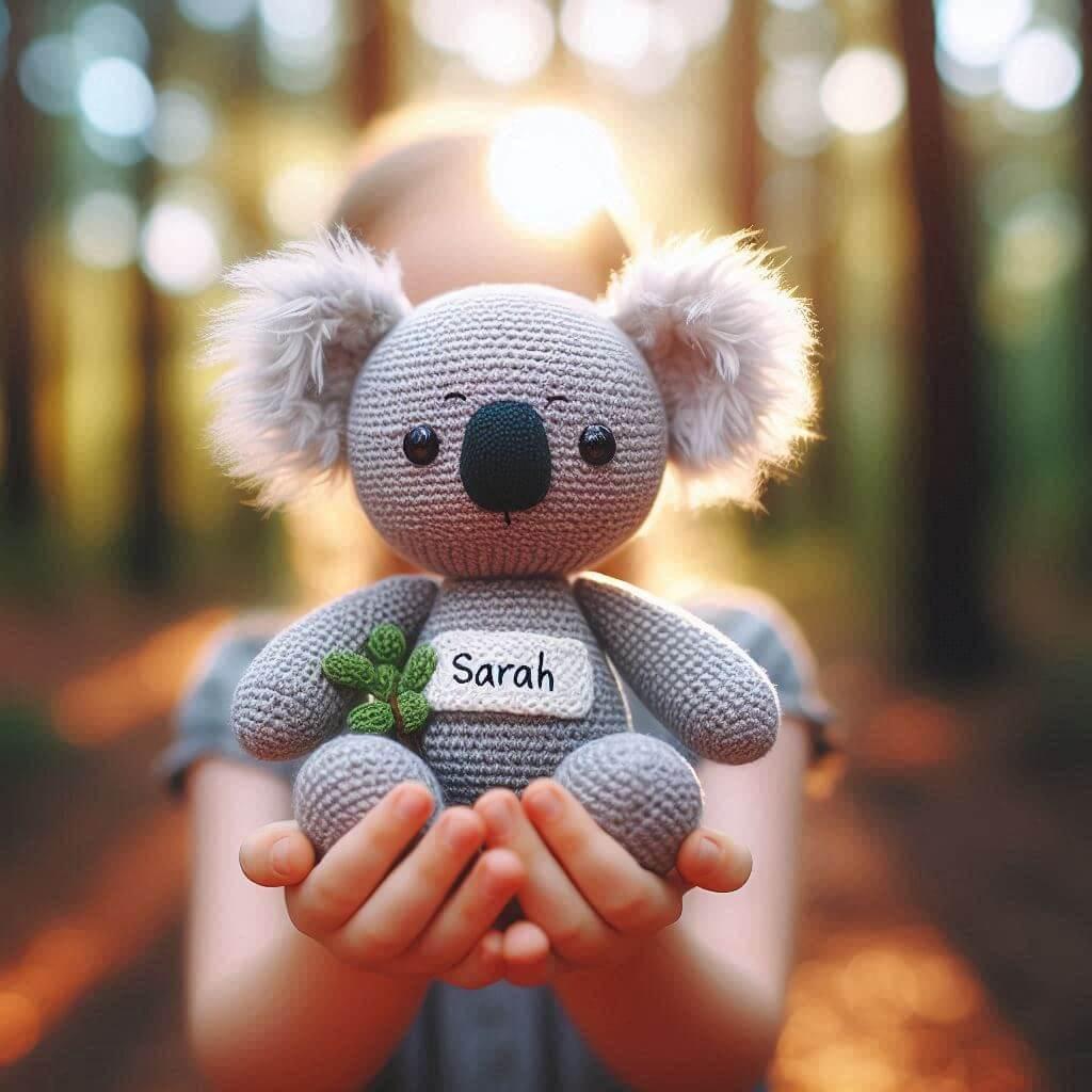 Une peluche koala en tricotin avec le prenom sarah