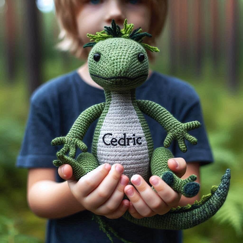 Une peluche lezard en tricotin avec le prenom cedric ecrit en latin