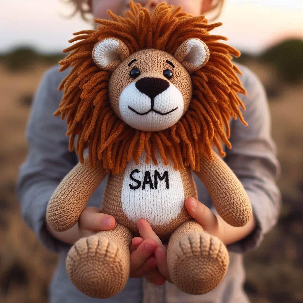 Une peluche lion au crochet personnalisee avec le prenom sam