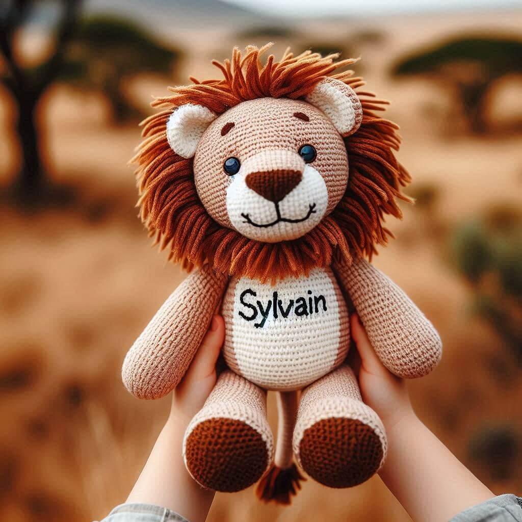 Une peluche lion au crochet personnalisee avec le prenom sylvain