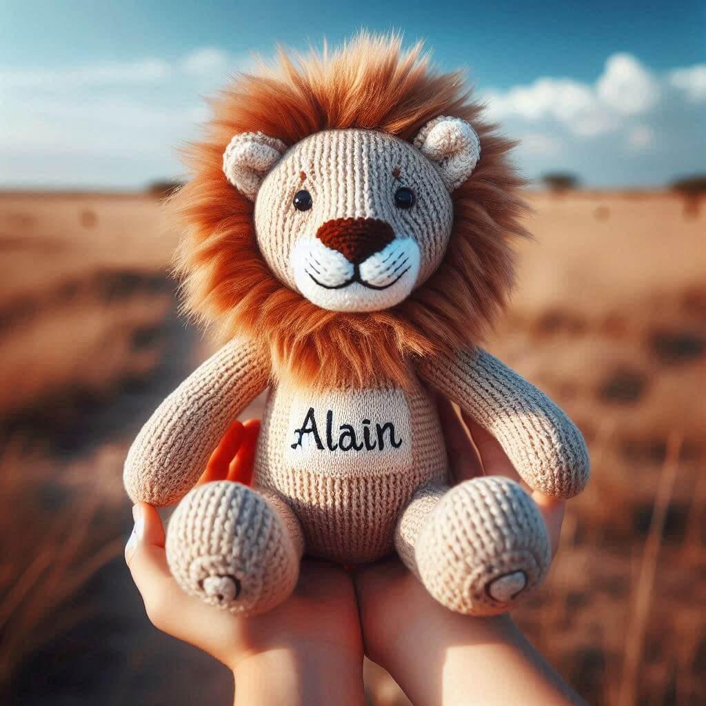 Une peluche lion en tricotin avec le prenom alain