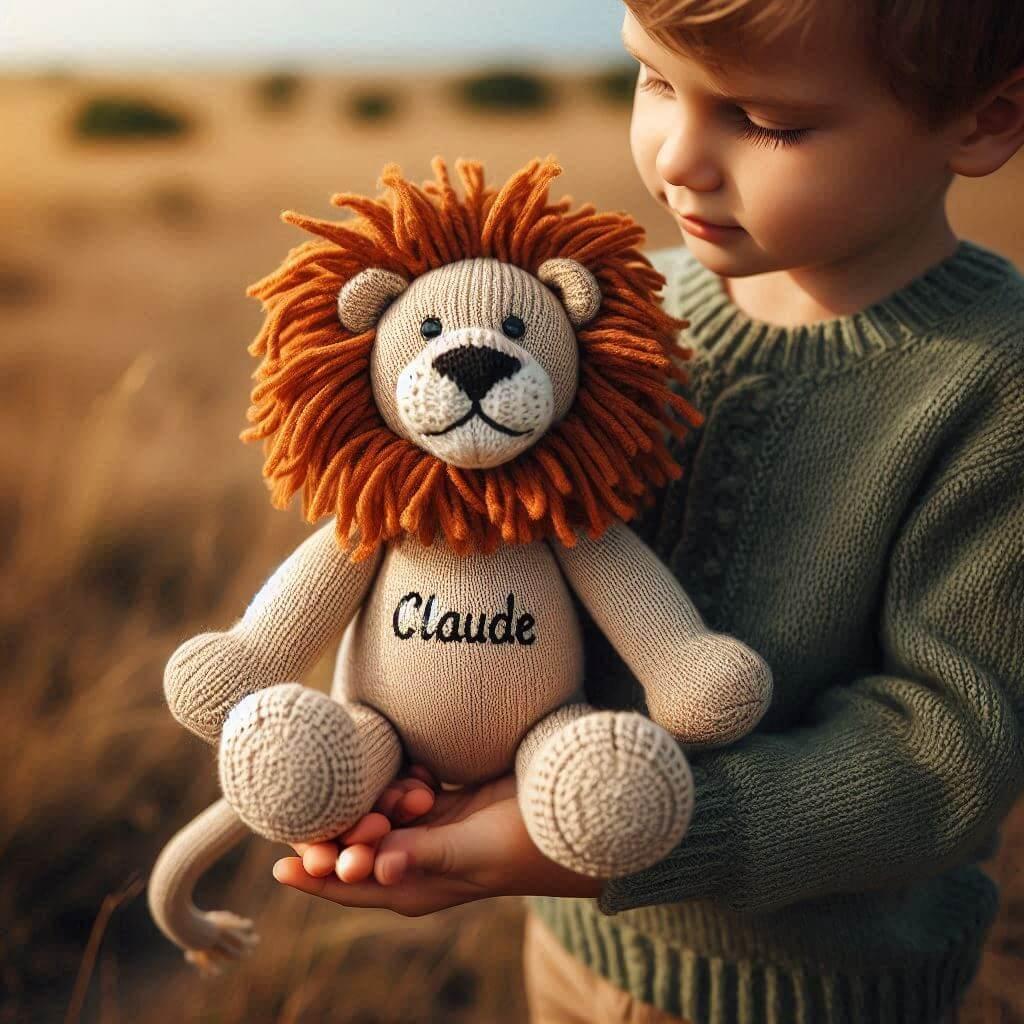 Une peluche lion en tricotin avec le prenom claude tenu dans les mains d un petit garcon dans la savane 1