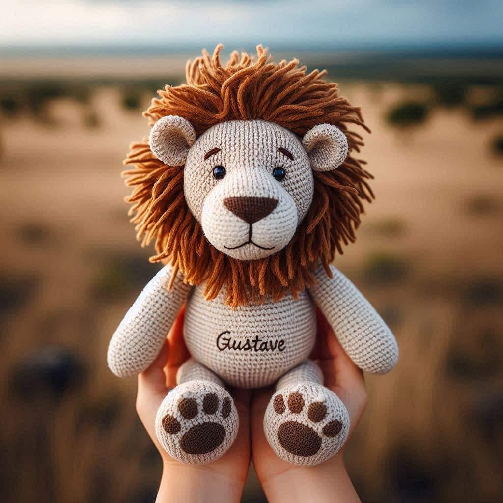 Une peluche lion en tricotin avec le prenom gustave tenu dans les mains d un petit garcon dans la savane