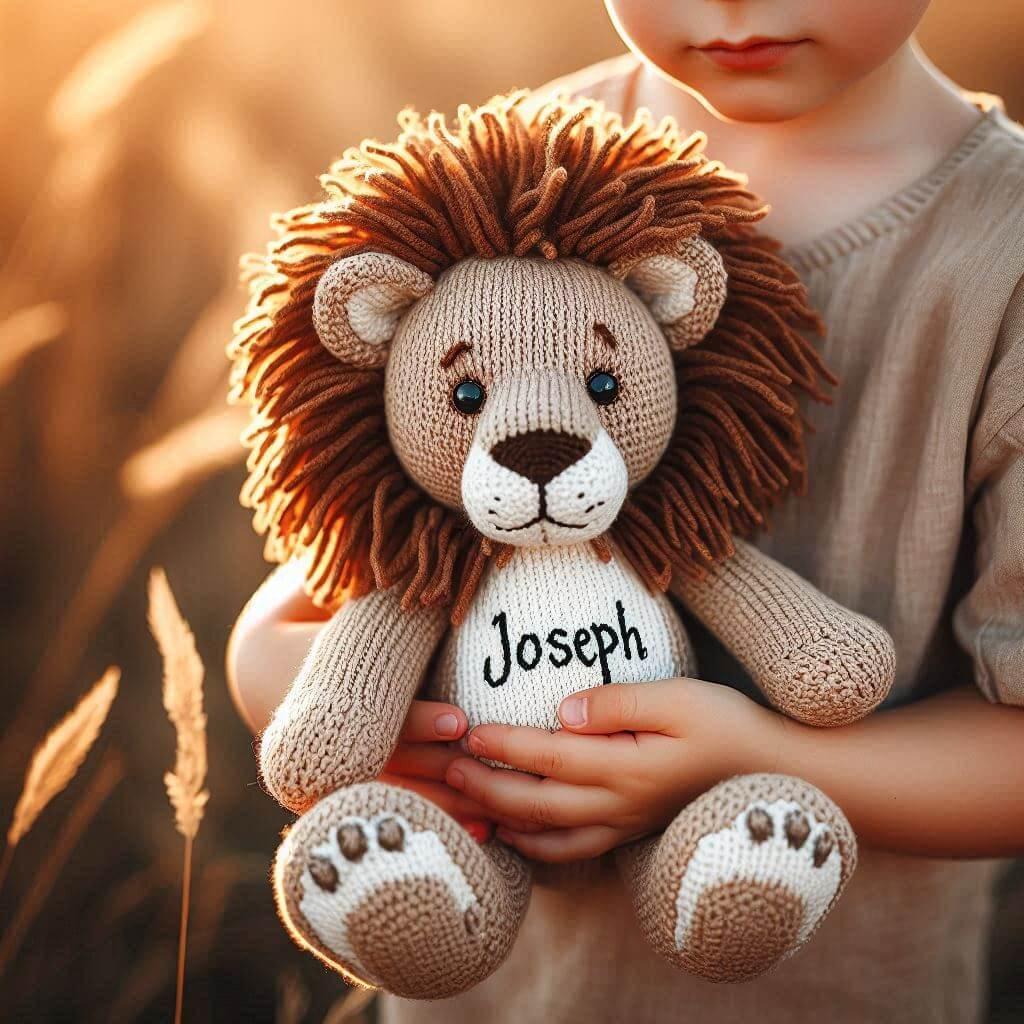 Une peluche lion en tricotin avec le prenom joseph
