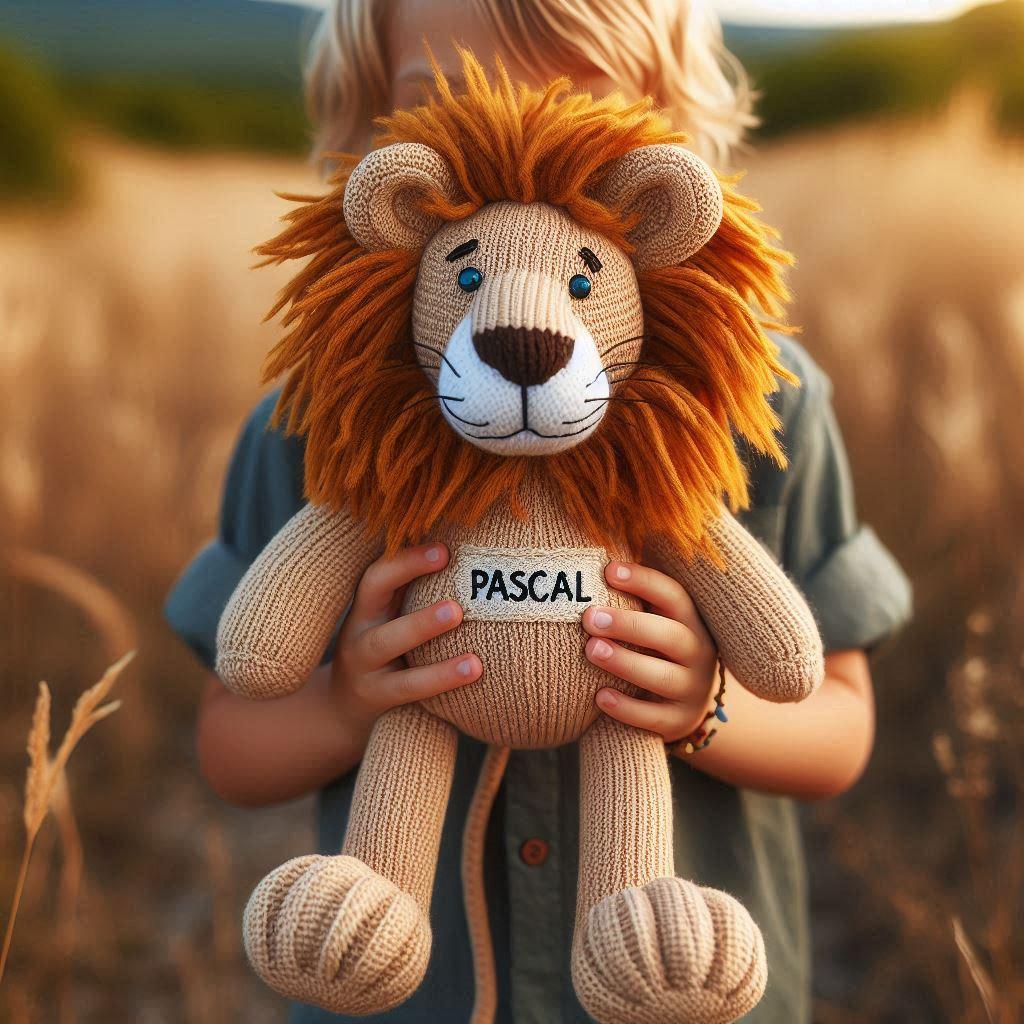 Une peluche lion en tricotin avec le prenom pascal
