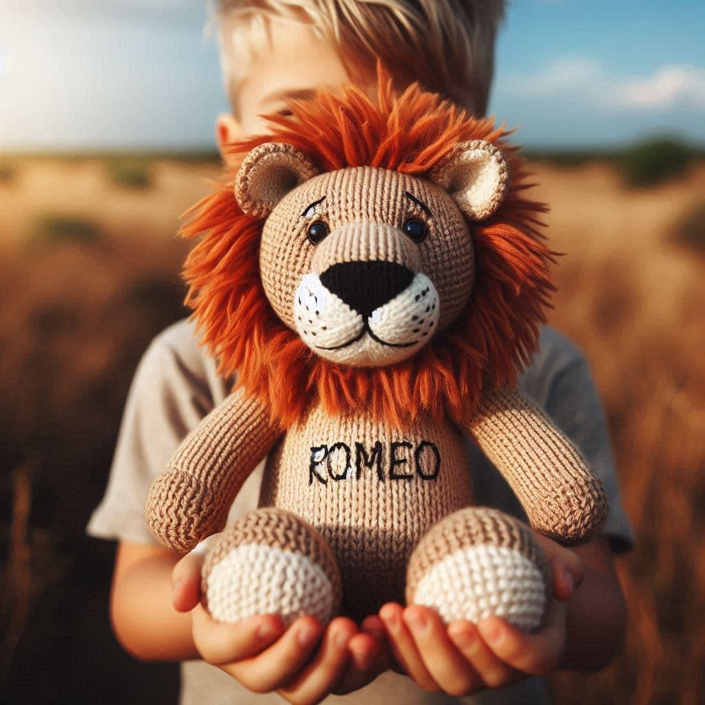 Une peluche lion en tricotin avec le prenom romeo ecrit tenu dans les mains d un petit garcon