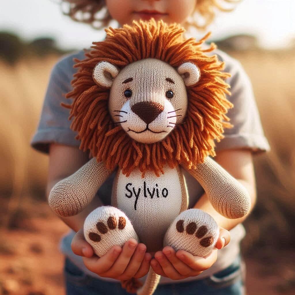 Une peluche lion en tricotin personnalisee avec le prenom sylvio