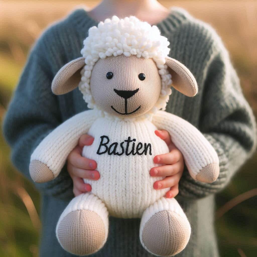 Une peluche mouton en tricotin avec le prenom bastien