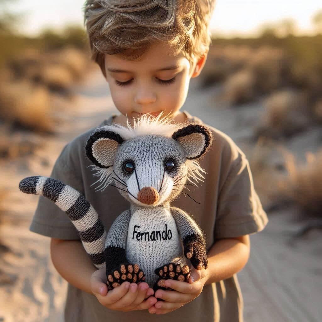 Une peluche oppossum en tricotin avec le prenom fernando