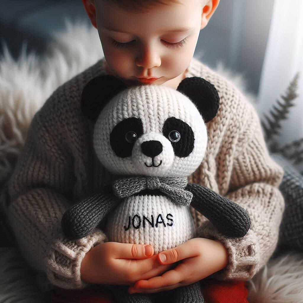 Une peluche panda en tricotin avec le prenom jonas