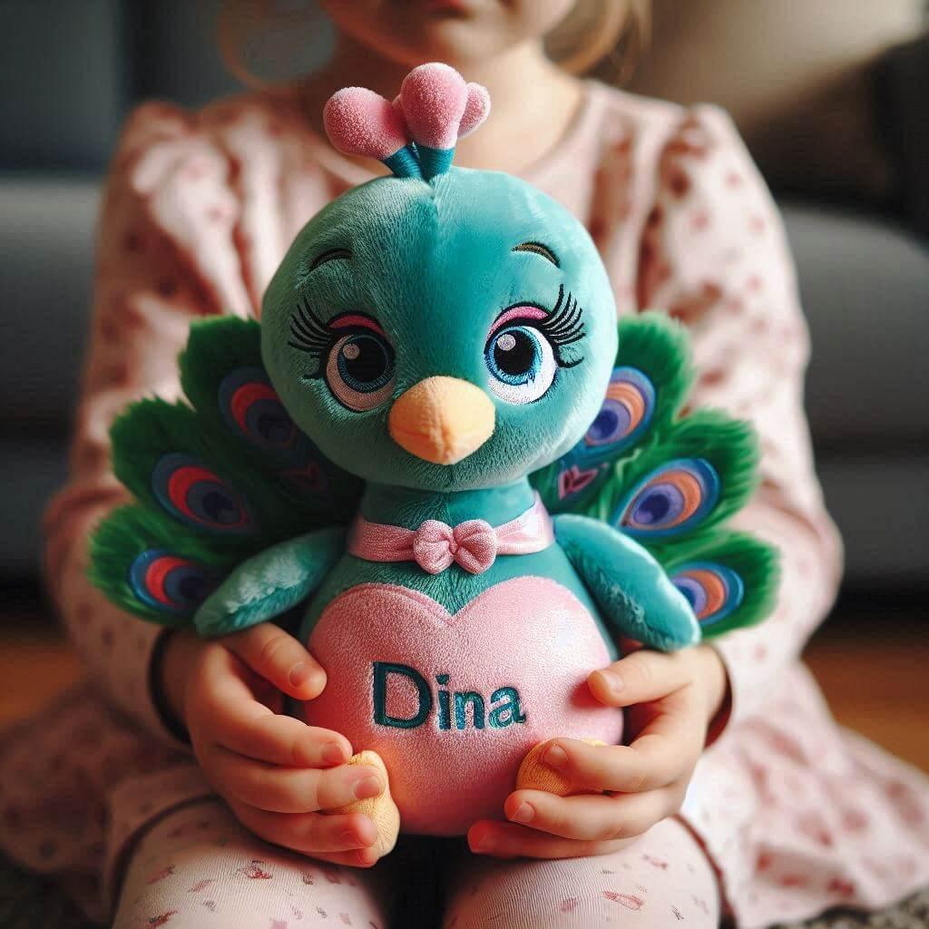 Une peluche paon avec le prenom dina