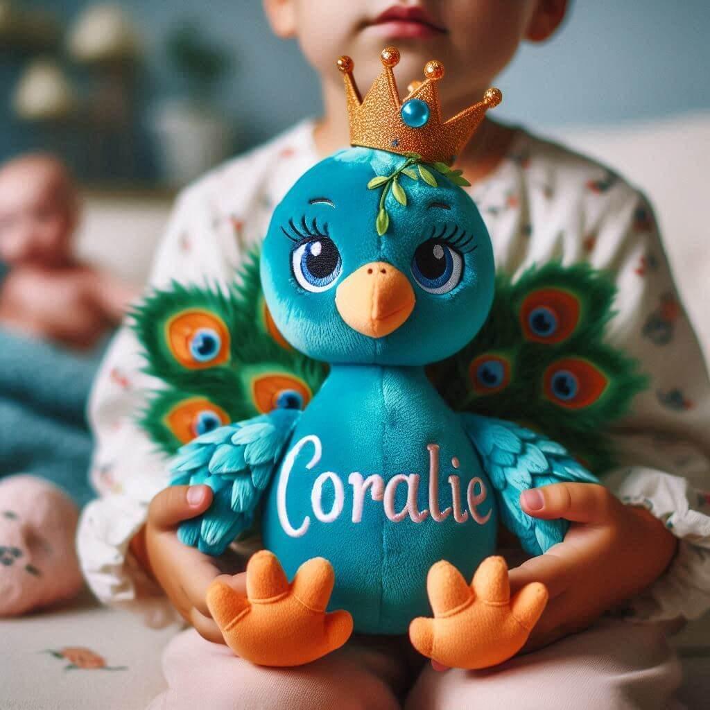 Une peluche paon avec une couronne personnalisee avec le prenom coralie dans les mains dun petit garcon 1