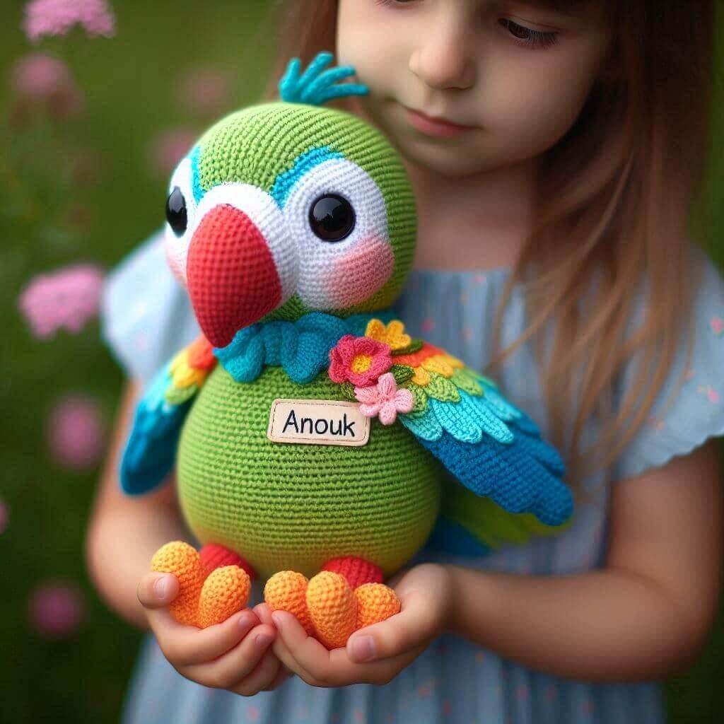 Une peluche perroquet en tricotin avec le prenom anouk