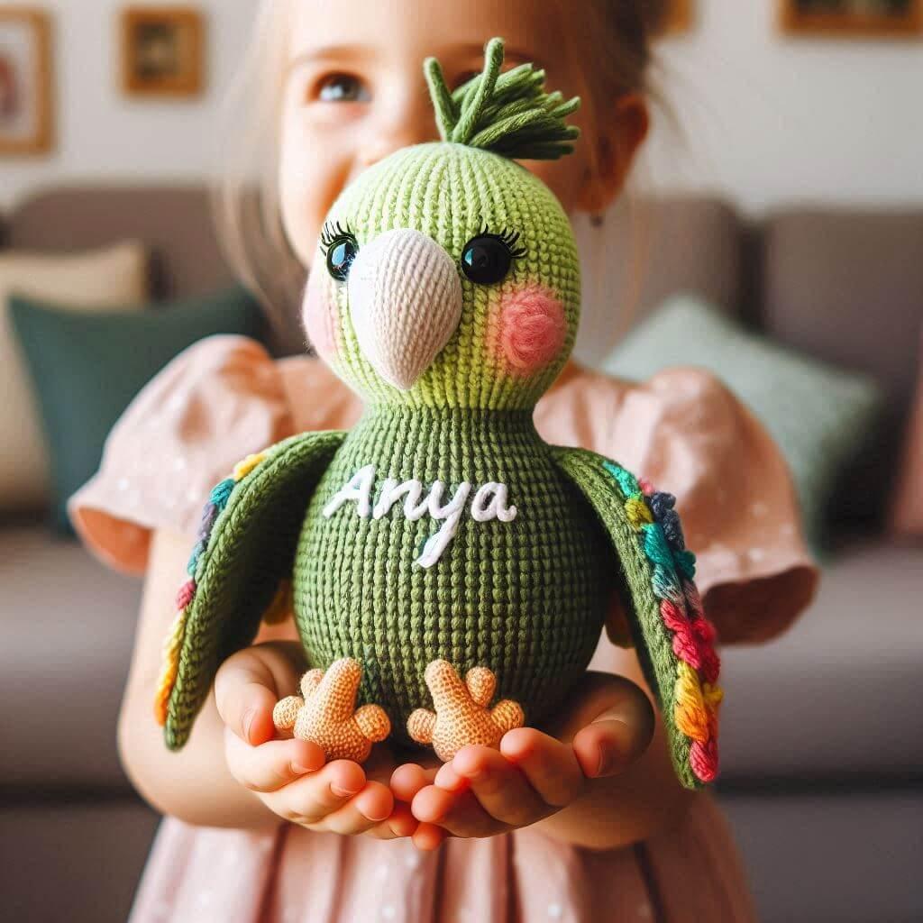 Une peluche perroquet en tricotin avec le prenom anya