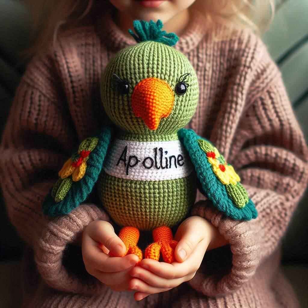 Une peluche perroquet en tricotin avec le prenom apolline