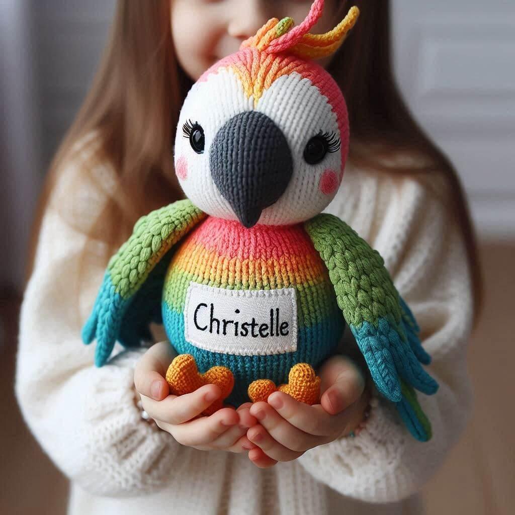 Une peluche perroquet en tricotin avec le prenom christelle