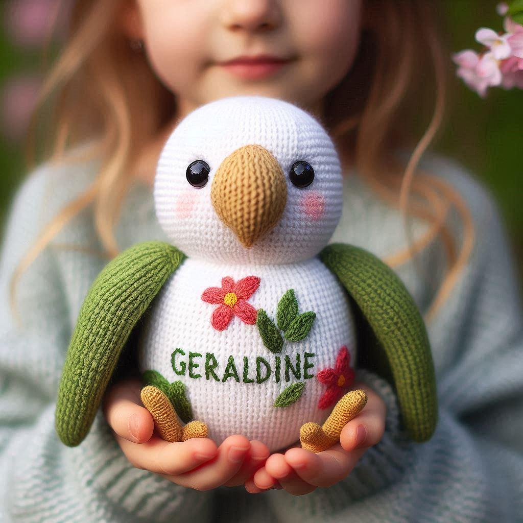 Une peluche perroquet en tricotin avec le prenom geraldine tenu dans les mains d un petite fille