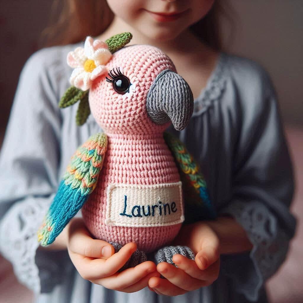 Une peluche perroquet en tricotin avec le prenom laurine