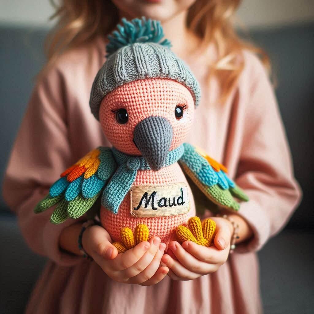 Une peluche perroquet en tricotin avec le prenom maud