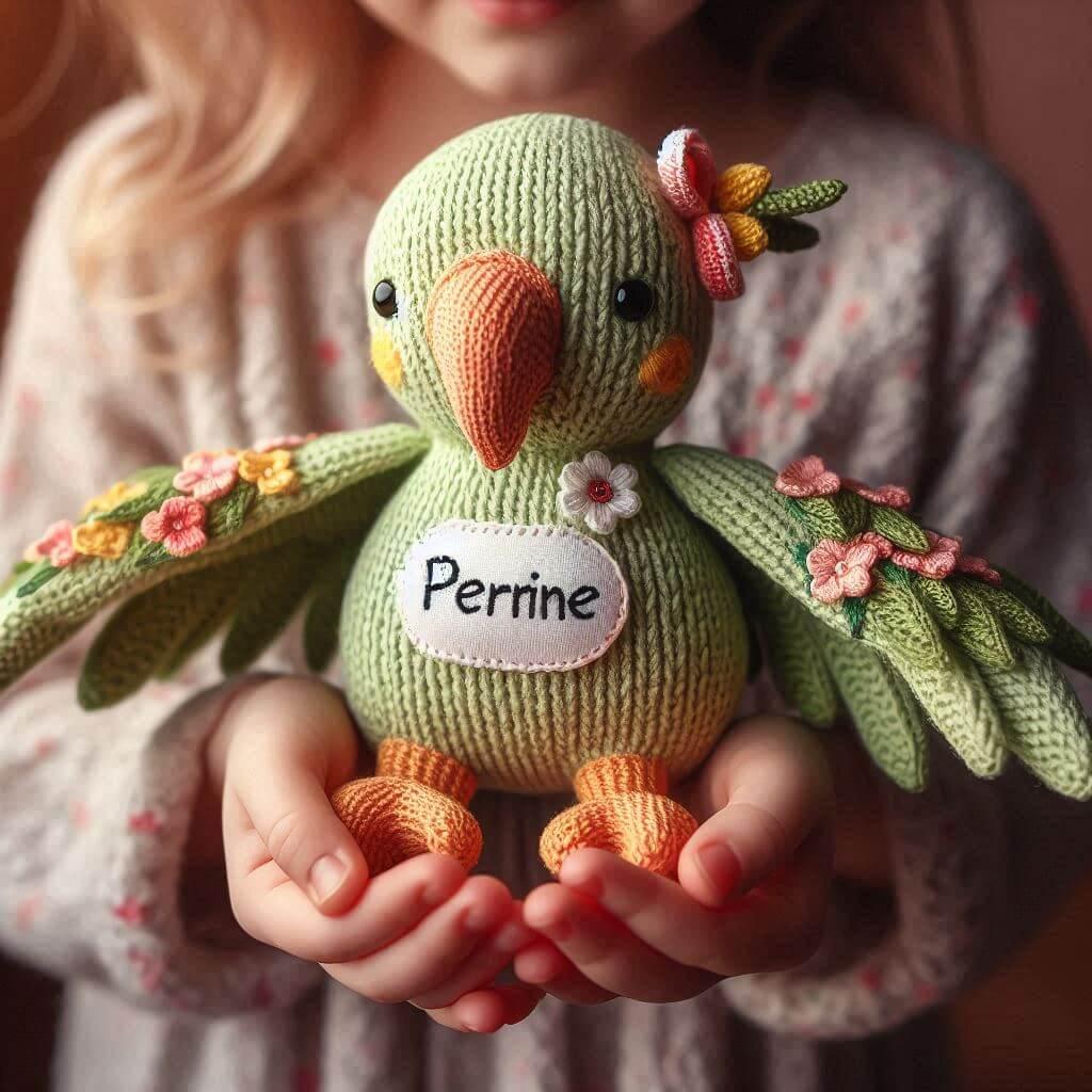 Une peluche perroquet en tricotin avec le prenom perrine