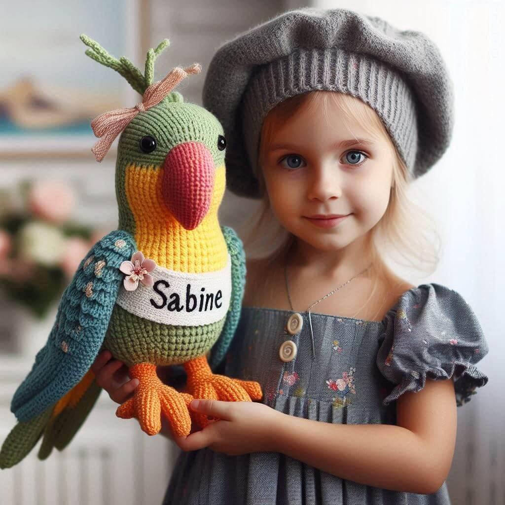 Une peluche perroquet en tricotin avec le prenom sabine