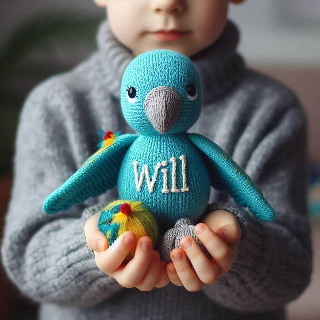 Une peluche perroquet en tricotin avec le prenom will