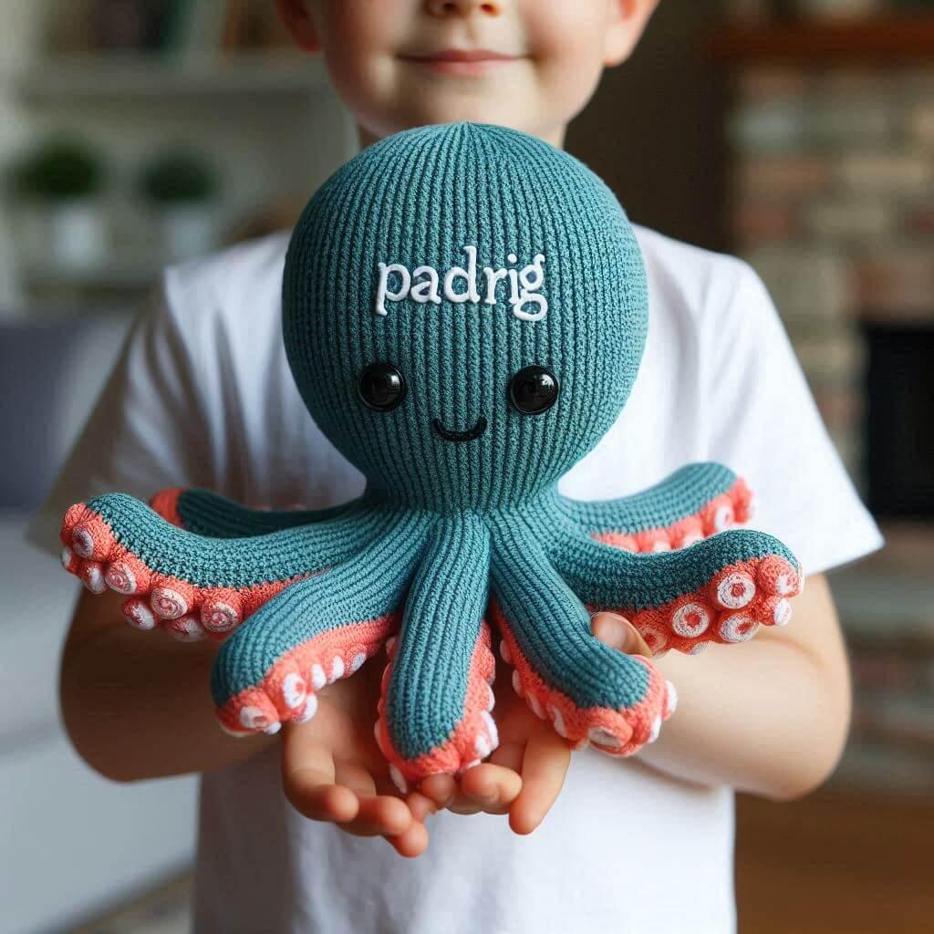 Une peluche poulpe en tricotin avec le prenom padrig