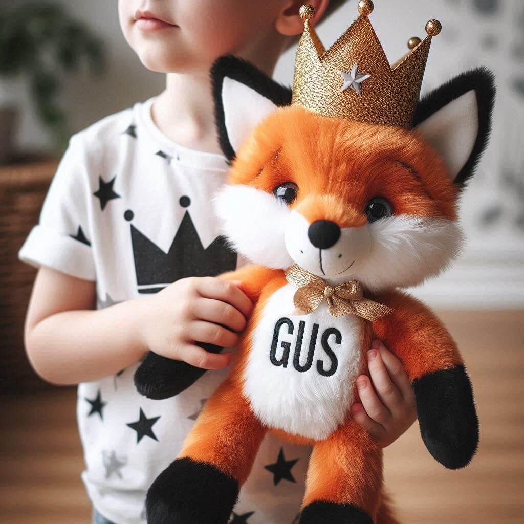 Peluche renard couronne de roi avec prénom Gus dans les mains d'un petit garçon.