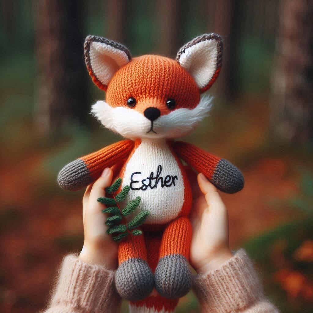 Une peluche renard en tricotin avec le prenom esther