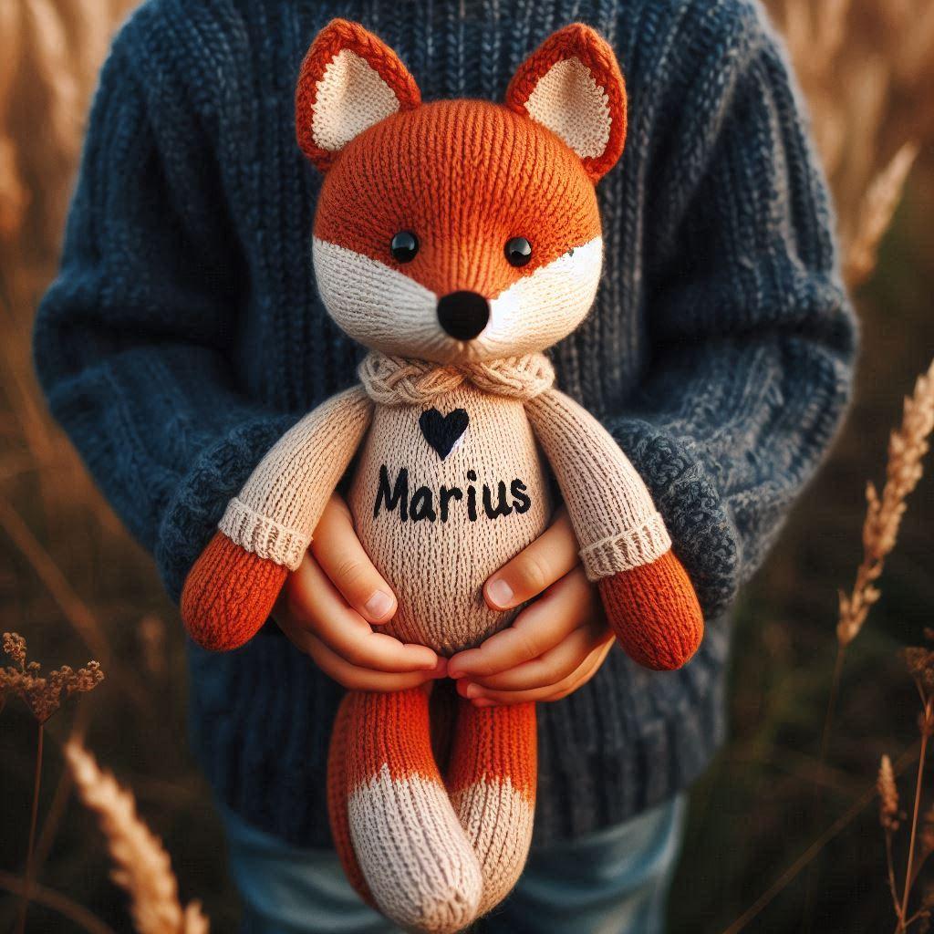 Une peluche renard en tricotin avec le prenom marius