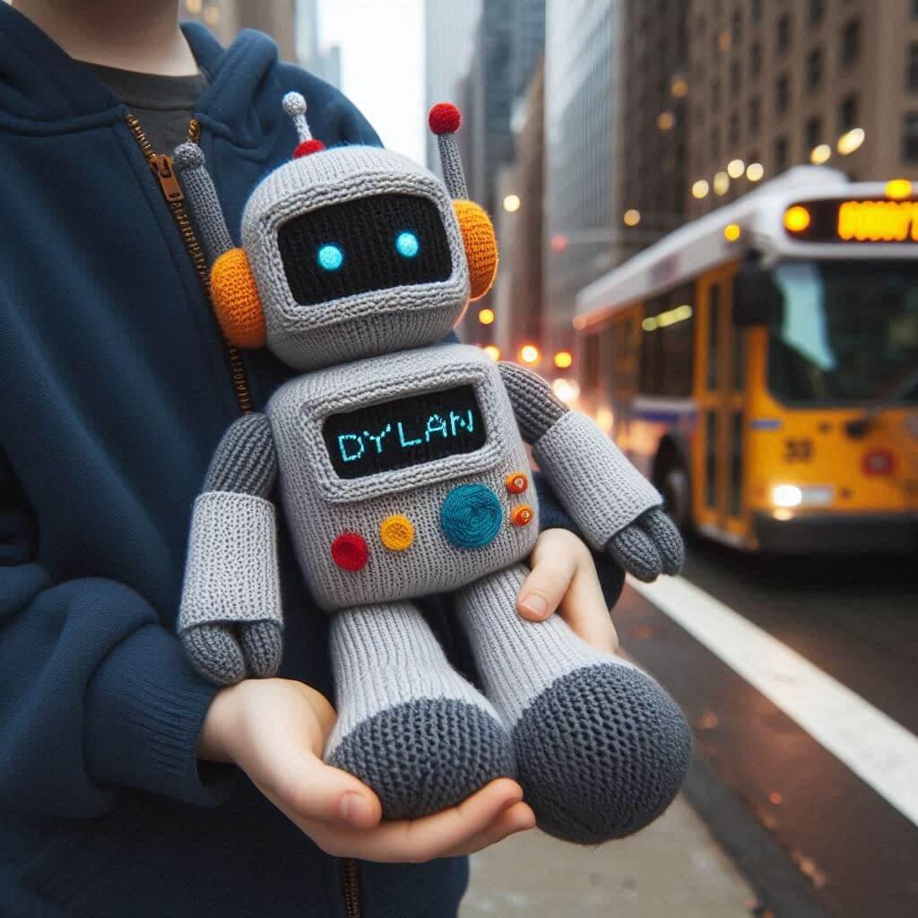 Une peluche robot en tricotin avec le prenom dylan