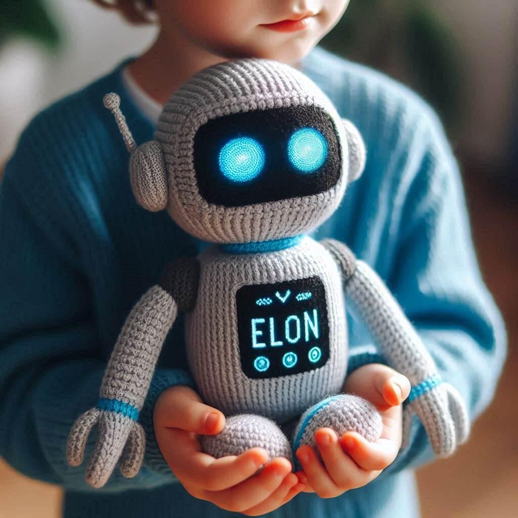 Une peluche robot en tricotin avec le prenom elon tenu dans les mains d un petit garcon 1