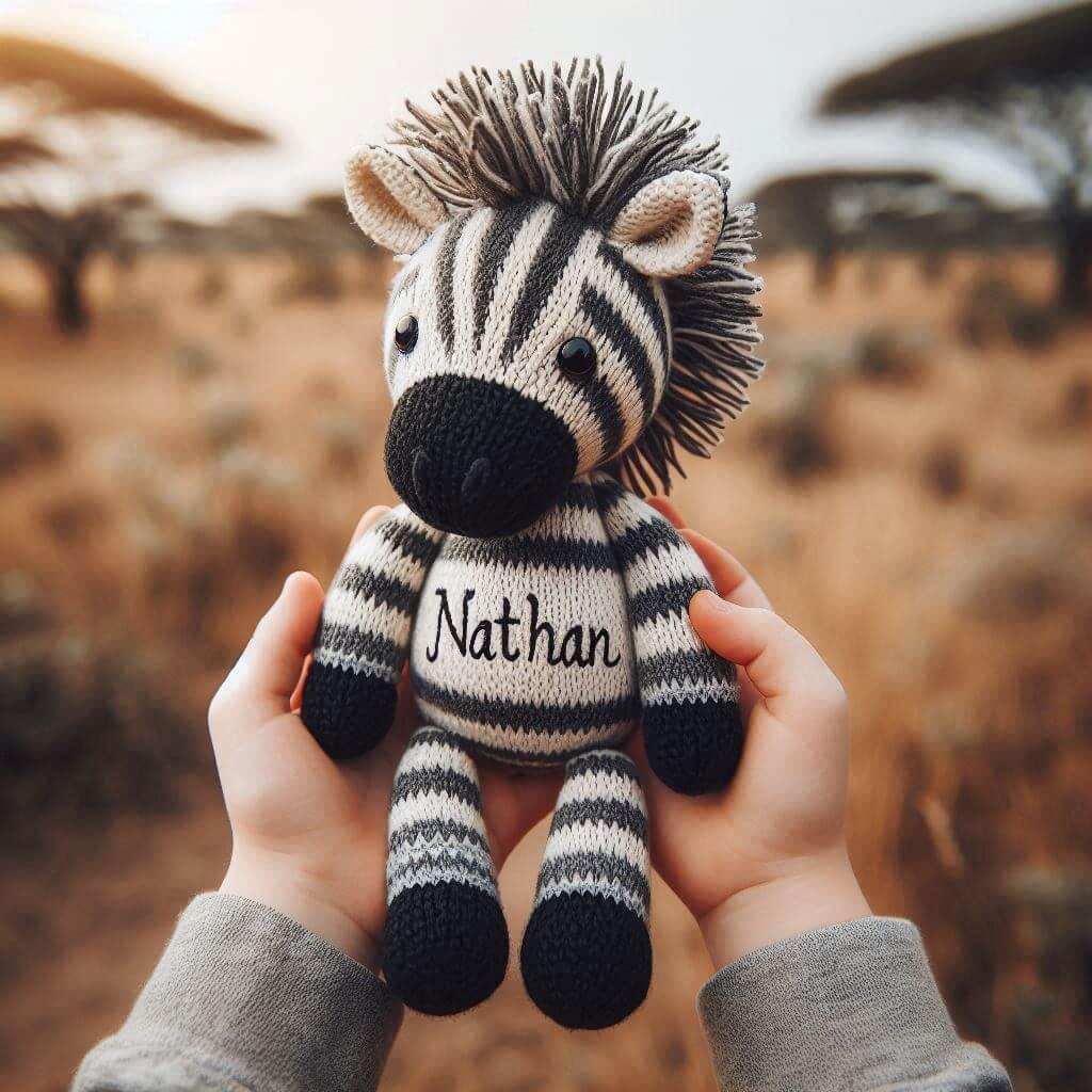 Une peluche zebre en tricotin avec le prenom nathan