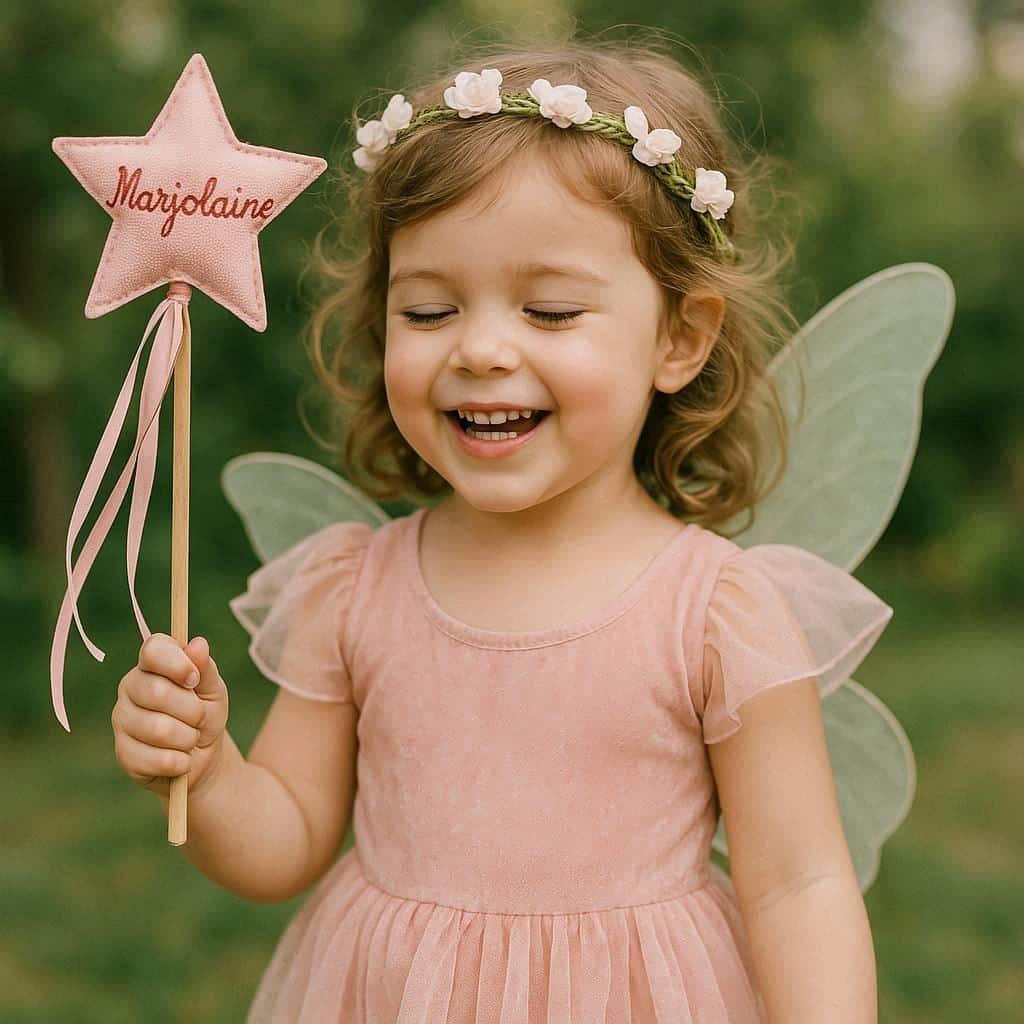 Une petite fille deguisee en costume de fee en rose avec une baguette magique personnalisee avec le prenom marjolaine
